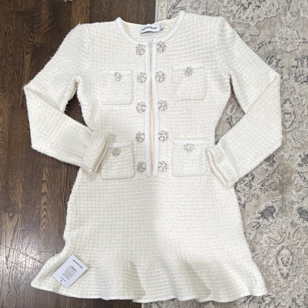 self-portrait Beige Tweed Button Front Long Sleeve Mini Dress Size M AW24-085S-C